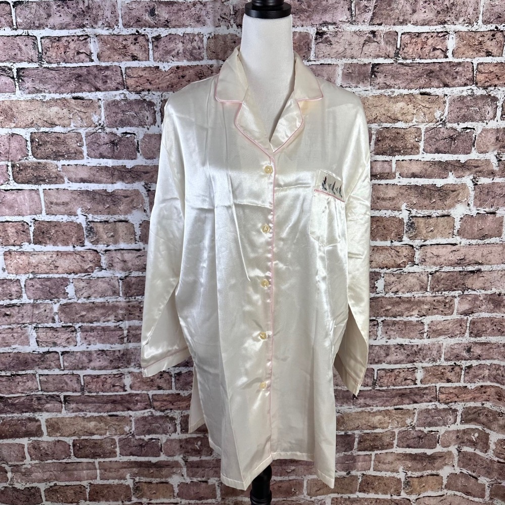 Kathryn Womens Cream Pink Trim Floral Embroidered Pajama‎ Sleepshirt Nightgown L